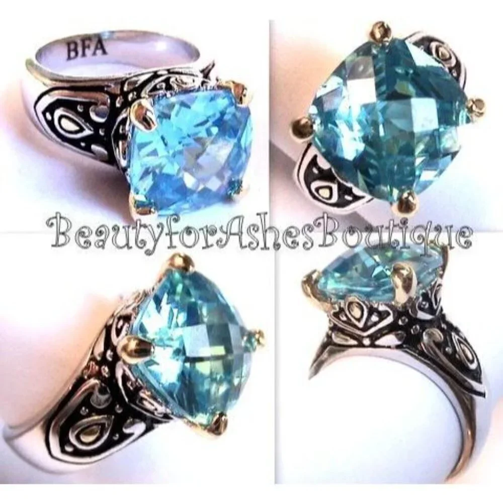 Elegant 12mm Faceted Aqua Blue CZ Throne Room Ring by Beauty for Ashes - Size 8